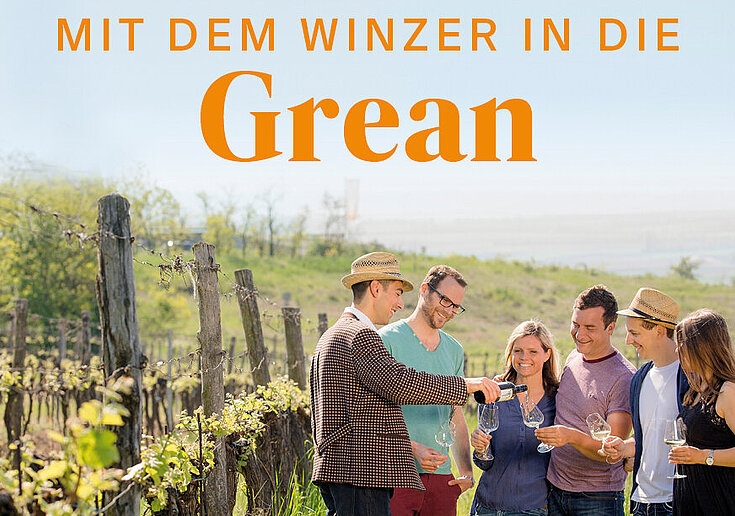 Es stehen Menschen in einem Weingarten und trinken genussvollen Weinviertler Wein. Das Wetter ist herrlich sonnig mit keinen Wolken am Himmel. In der Mitte vom Bild steht in oranger Schrift "Mit dem Winzer in die Grean".