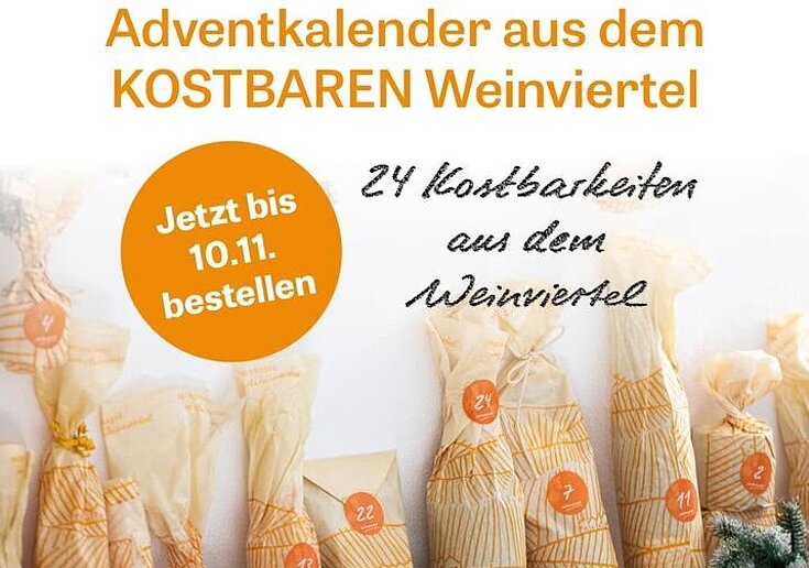 Verschiedene Weinviertler Spezialitäten wurden in weihnachtlichem Papier für den Weinviertler Adventkalender eingepackt.